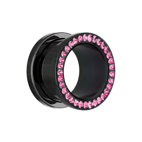 Flesh Tunnel schwarz mit Kristall pink Epoxy Schutzschicht