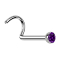 Curved silver nose stud with violet crystal