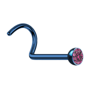 Curved nose stud dark blue with pink crystal