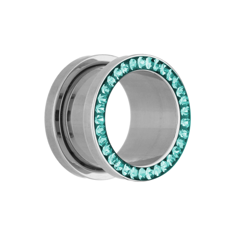 Flesh Tunnel argenté avec cristal turquoise et couche de protection en époxy