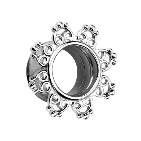 Flared tunnel with filigree tribal hearts silver