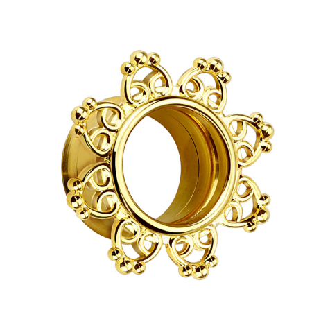 Flared tunnel with filigree tribal hearts 14k gold-plated