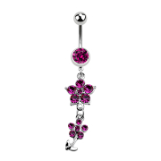 Banana silver with pendant two crystal flowers fuchsia