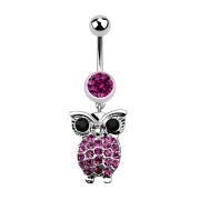 Banane argent avec pendentif hibou et grands yeux fuchsia