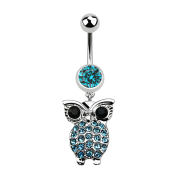 Banane argent avec pendentif hibou et grands yeux aqua