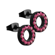Stud earrings fake tunnel black with crystal pink