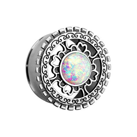 Flared tunnel with antique silver tribal shield and opal ball