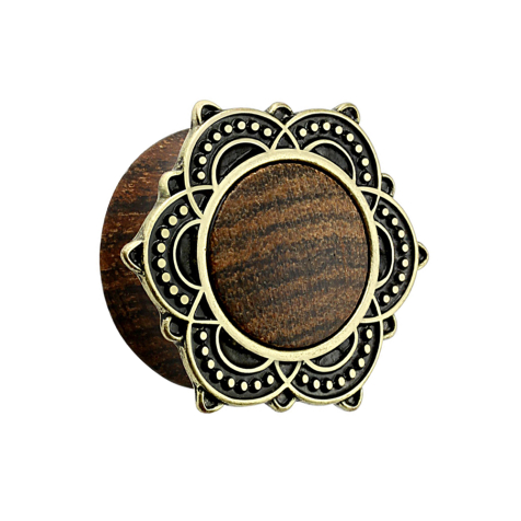 Flared plug made of sono wood with tribal shield lotus flower