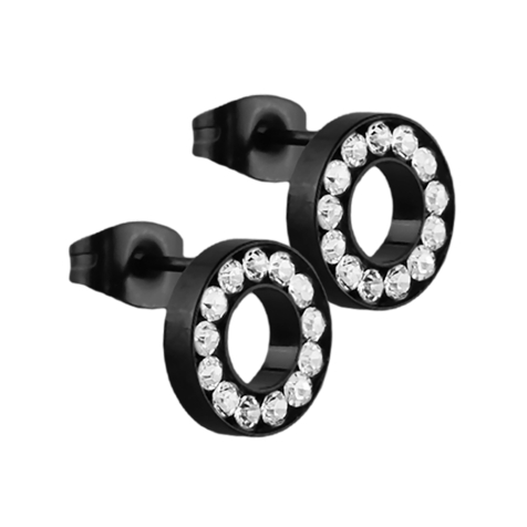 Stud earrings fake tunnel black with crystal silver