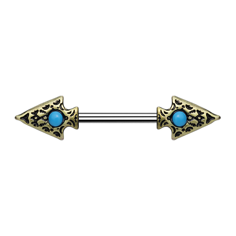 Barbell old gold tribal spear with turquoise stone