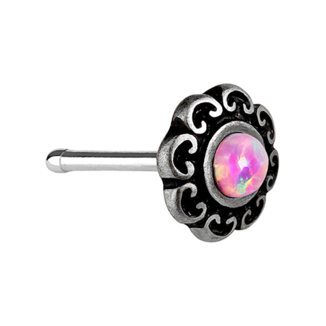 Clous de nez droit argent filigrane cœur tribal avec opale rose