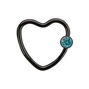 Micro Ball Closure Ring black heart with crystal ball aqua