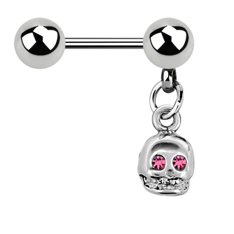 Micro barbell silver with ball and pendant skull crystal pink