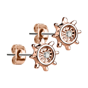 Stud earrings yacht wheel rose gold with crystal silver