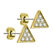 Gold-plated triangular stud earrings with silver crystal