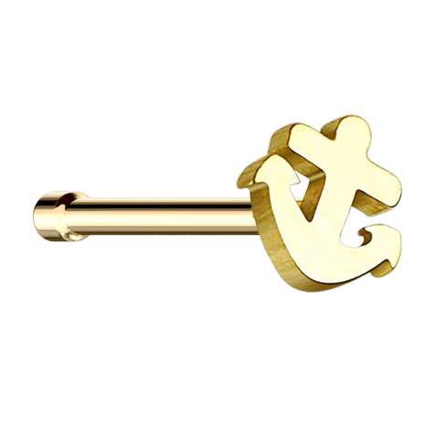 Straight gold-plated nose stud with anchor