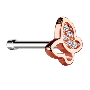 Straight rose gold nose stud with butterfly and crystal