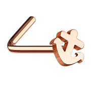 Angled rose gold nose stud with anchor
