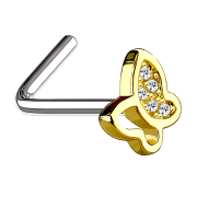 Angled gold-plated nose stud with butterfly and crystal