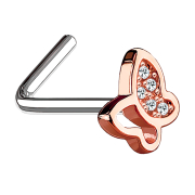 Angled rose gold nose stud with butterfly and crystal