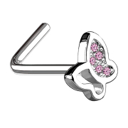 Angled silver nose stud with butterfly and pink crystal