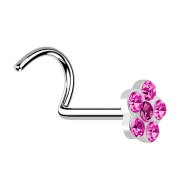 Curved silver nose stud with flower and 5 pink crystals