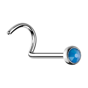 Curved silver nose stud with blue opal
