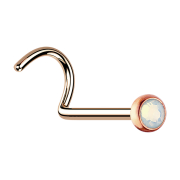 Curved rose gold nose stud with white opal