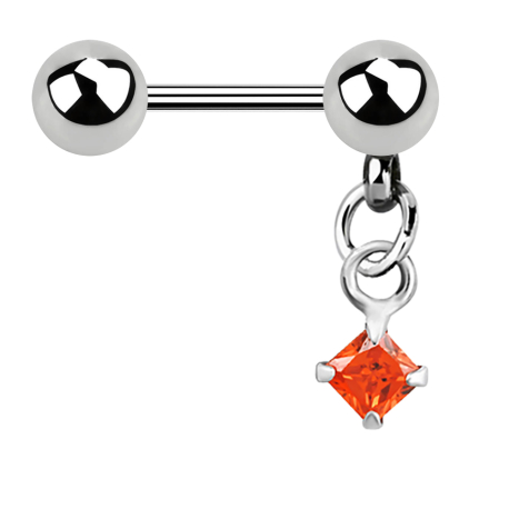 Micro Barbell argent avec boule et pendentif carré cristal orange