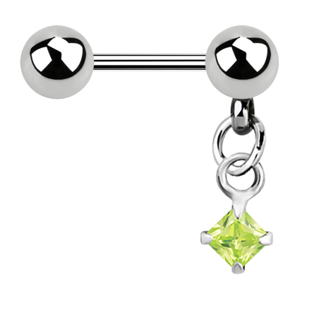 Micro barbell silver with ball and pendant square crystal light green