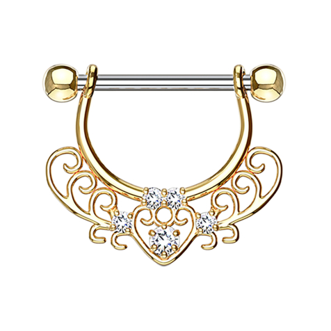 Barbell 14k gold-plated with filigree heart pattern and crystal