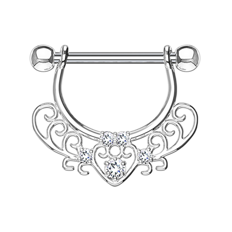 Barbell silver with filigree heart pattern and crystal