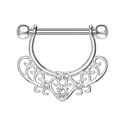 Barbell silver with filigree heart pattern and crystal