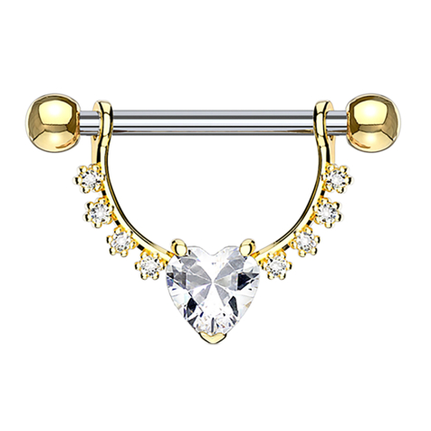 Barbell 14k doré cristal semi-arqué avec cristal en forme de cœur