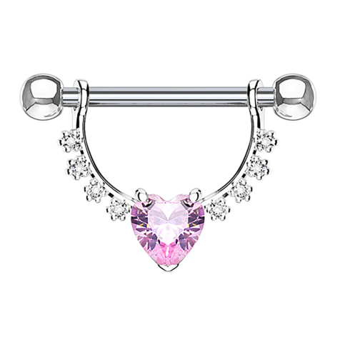 Barbell silver crystal half bow with heart crystal pink