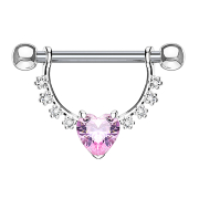 Barbell silver crystal half bow with heart crystal pink