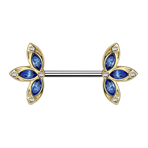 Gold-plated barbell with three blue petals