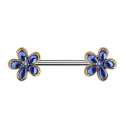 Gold-plated barbell with flower and blue crystal