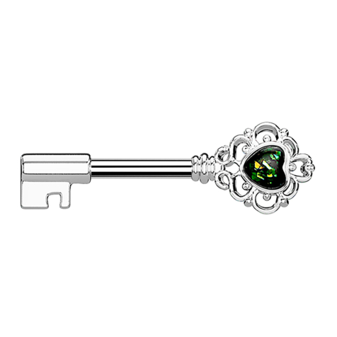 Barbell Barbell argent clé vintage avec opale à cœur vert foncé