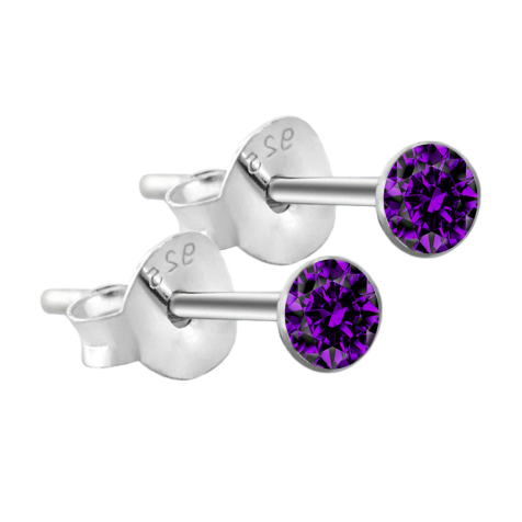 Round stud earrings in 925 sterling silver with violet crystal