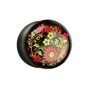 Flared plug made of ebony with printed flowers and epoxy...