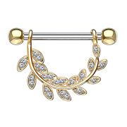 Barbell hanging crystal leaves 14k gold-plated