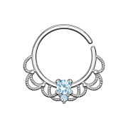 Septum ring silver filigree with aqua crystal