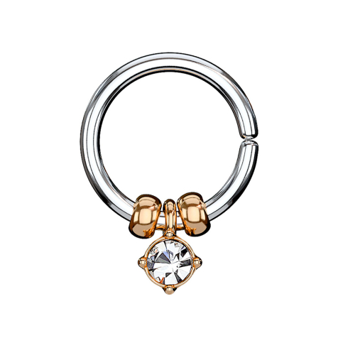 Micro piercing anneau argenté avec pendentif en cristal et perles en acier rose doré