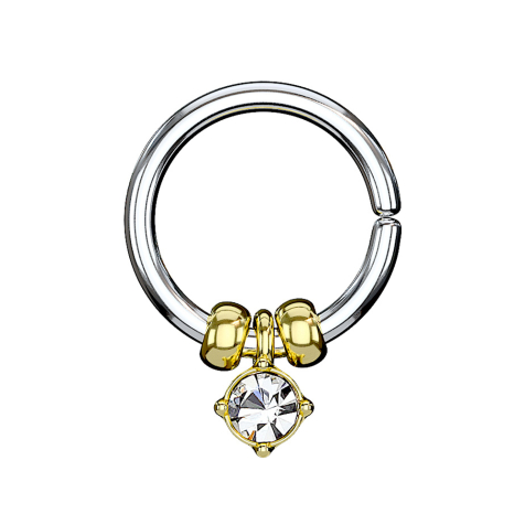 Micro piercing ring silver with crystal pendant and gold-plated steel beads