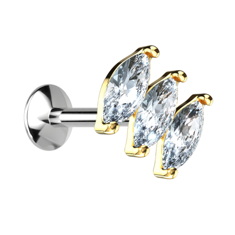 Micro UFO labret filo interno placcato oro con tre cristalli ovali