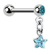 Micro barbell silver with ball and pendant crystal star aqua