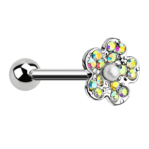 Micro Barbell silber mit Kugel und Blume mit Perle weiss