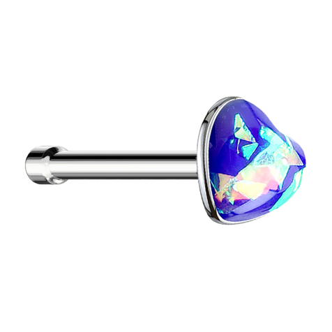 Nose stud straight silver with opal heart blue