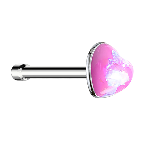 Nose stud straight silver with opal heart pink